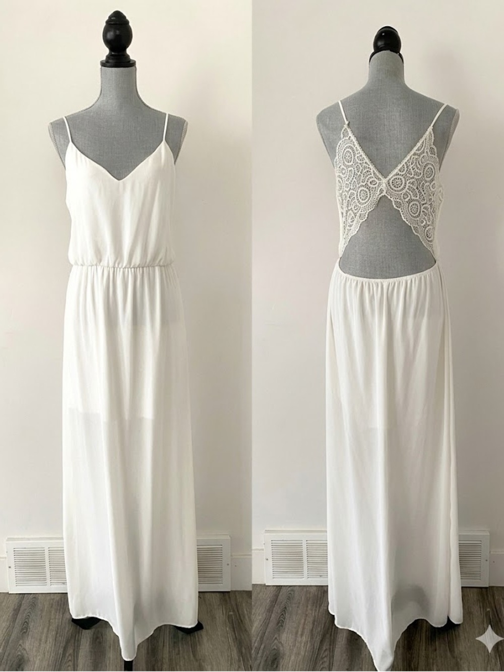 Elegant White Lace-Back Maxi Dress S/M Classic Chic Timeless Minimal
